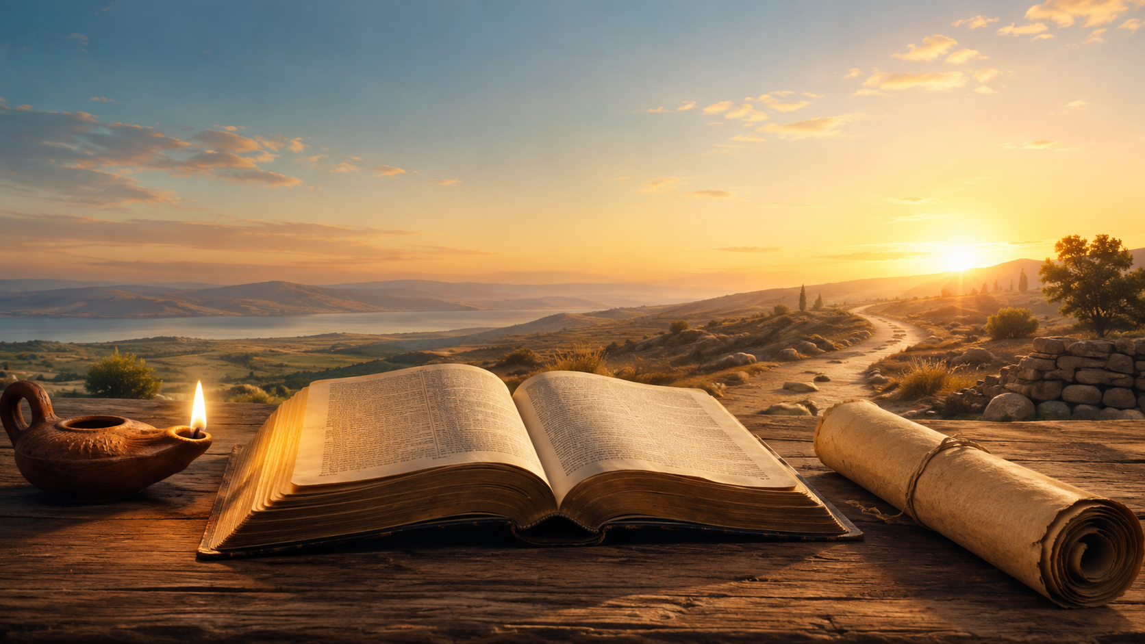 An open Bible, scroll, and lamp beside a path leading toward sunrise