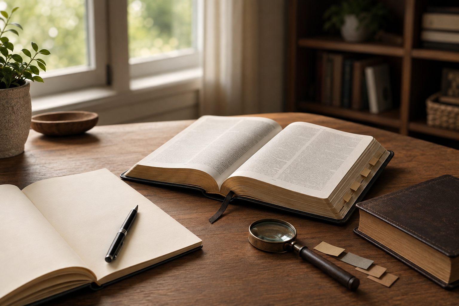 A Bible study desk with an open Bible, notebook, and pen